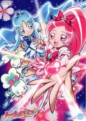  2girls blue_skirt bow brooch choker chypre_(heartcatch_precure!) coffret_(heartcatch_precure!) cure_blossom cure_marine hanasaki_tsubomi heart heart_brooch heartcatch_precure! high_ponytail jewelry kurumi_erika magical_girl multiple_girls official_art pink_bow pink_choker precure skirt umakoshi_yoshihiko 