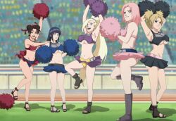  5girls bad_perspective breasts cheerleader cleavage fisheye hyuuga_hinata ino_yamanaka multiple_girls naruto panties pom poms sakura_haruno smile stadium temari tenten underboob 