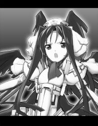  :o bodysuit commentary_request female flat_chest greyscale kyoukaisenjou_no_horizon long_hair malga_naruze monochrome nov-cog solo wings 