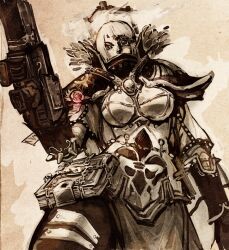  adepta_sororitas armor bolter book chains commentary english_commentary feathers female fleur-de-lis gun juo pauldrons power_armor purity_seal shoulder_armor simple_background skull solo torch warhammer_40k weapon 