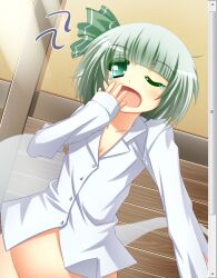  bad_id bad_pixiv_id bottomless collarbone dress_shirt fake_scrollbar female green_eyes green_hair groin hair_ribbon highres konpaku_youmu konpaku_youmu_(ghost) naked_shirt one_eye_closed open_mouth out-of-frame_censoring ribbon shefu shirt short_hair solo tears touhou upper_body yawning 