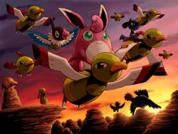  animal_focus beak bird canine chatot flying furry honchkrow mountain murkrow natu no_humans pokemoa pokemon pokemon_(creature) pokemon_mystery_dungeon pokemon_mystery_dungeon:_explorers_of_time/darkness/sky pokemon_mystery_dungeon:_red/blue_rescue_team riolu sky statue sunrise wigglytuff wings xatu 