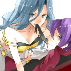  1boy bad_id bad_pixiv_id bare_arms bare_shoulders blue_eyes blue_hair breasts camisole cleavage crop_top female gum_(gmng) karen_(pokemon) large_breasts light_blue_hair lowres mask medium_breasts midriff no_mask parted_bangs pokemon pokemon_hgss purple_hair simple_background smile spaghetti_strap wavy_hair will_(pokemon) yellow_camisole 