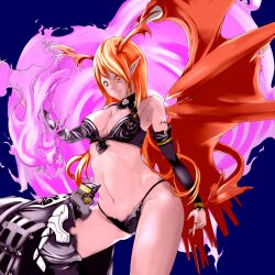  armpit armpits bare_shoulders bikini breasts cleavage demon_girl highres horns long_hair lord_of_vermilion midriff nail_polish navel orange_eyes orange_hair pointy_ears single_wing smile solo succubus succubus_(lord_of_vermilion) swimsuit wings 