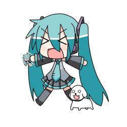  &gt;_&lt; aqua_hair black_skirt canine chibi chibi_miku closed_eyes commentary_request detached_sleeves female hamo_(dog) hatsune_miku headphones long_hair minami_(colorful_palette) miniskirt necktie open_mouth outstretched_arms pleated_skirt recursion skirt twintails vocaloid 