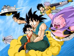  4girls 6+boys :d aircraft bag black_eyes black_hair blue_eyes blue_hair bulma_briefs cape casual checkerboard_cookie chi-chi_(dragon_ball) chocolate closed_eyes cloud colored_skin commentary_request cookie day dragon_ball dragon_ball_z dutch_angle family fat_buu father_and_son flying flying_car flying_nimbus food glasses gloves grandfather_and_granddaughter green_skin hands_on_own_cheeks hands_on_own_face happy ichi14 lolicon majin_buu multiple_boys multiple_girls on_cloud open_mouth outdoors pan_(dragon_ball) piccolo pink_skin purple_hair shoes sky sleeveless smile smirk son_gohan son_goku son_goten spiked_hair thumbprint_cookie trunks_(dragon_ball) v-shaped_eyebrows vegeta videl water whorled_clouds wristband 