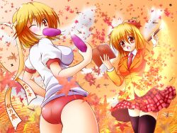  2girls aki_minoriko aki_shizuha alternate_costume apple apple_hair_ornament ass autumn autumn_leaves black_legwear blazer blonde_hair buruma commentary_request contemporary food food-themed_hair_ornament food_on_head fruit fruit_on_head gym_uniform hair_ornament jacket leaf leaf_hair_ornament maple_leaf multiple_girls object_on_head one_eye_closed osashin_(osada) photoshop_(medium) red_eyes school_uniform thighhighs touhou 