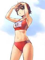  adidas beach_volleyball brown_eyes brown_hair buruma cowboy_shot female hand_on_forehead headband navel numbered original photoshop_(medium) red_buruma red_sports_bra satou_chiaki shading_eyes short_hair solo sports_bra sweat track_uniform triple_vertical_stripe uchiu_kazuma 