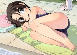  barefoot black_hair brown_eyes commentary_request competition_school_swimsuit female fetal_position full_body kickboard kobayakawa_rinko love_plus lying ninomae_ichijiku oerba_yun_fang on_side one-piece_swimsuit photoshop_(medium) plantar_flexion school_swimsuit short_hair solo swimsuit towel 