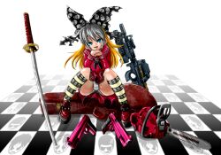  blue_eyes bullpup chainsaw female girl gray_hair grey_hair gun handgun katana m1911 marimo_(ankokumarimo) open_mouth p90 rifle shoes skull submachine_gun sword tongue weapon 