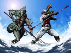  2boys antennae battle belt chains commentary_request duel kamen_rider kamen_rider_x kamen_rider_x_(series) monster multiple_boys neptune_(monster) photoshop_(medium) polearm scarf shimotsuki_juugo staff trident water weapon 