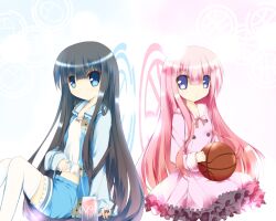  2girls ball basketball basketball_(object) black_hair blue_eyes can commentary_request crossover dr_pepper dress fuuna hakamada_hinata highres kami-sama_no_memo-chou keishin_academy_school_uniform long_hair multiple_girls ogura_yui pink_hair rou-kyuu-bu! school_uniform season_connection shionji_yuuko voice_actor_connection 