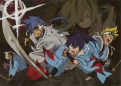  5boys action alternate_hairstyle bandages blonde_hair blood blue_hair boota_(ttgl) brown_hair claws hair_over_one_eye headband imageboard_desourced injury japanese_clothes kamina_(ttgl) katana kittan_bachika long_hair male_focus multiple_boys non-web_source official_art oversized_limbs ponytail rossiu_adai samurai scan shinsengumi simon_(ttgl) smirk sword tengen_toppa_gurren_lagann viral_(ttgl) weapon 