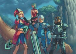  2boys 2girls aqua_eyes armor bike_shorts blonde_hair bracelet breasts choker cleavage cloud cloudy_sky corpse facepaint facial_hair fonewearl gloves goatee green_hair gun hand_on_own_face handgun hat headband highres hildebear huge_weapon humar hunewearl jewelry long_sleeves looking_at_viewer medium_breasts midriff multiple_boys multiple_girls nature navel official_art overskirt phantasy_star phantasy_star_online pointy_ears puffy_sleeves ramar red_eyes short_hair single_glove sitting sky sleeveless standing sword wand weapon 