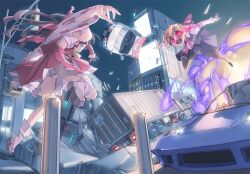  2girls aircraft armpits ascot blonde_hair bow broken_ground brown_hair car commentary_request detached_sleeves explosion fangs flying_car frilled_skirt frills glowing glowing_eyes grand_theft_auto hair_ribbon hair_tubes hairbow hakurei_reimu house jumping miniskirt mk-5 motor_vehicle multiple_girls open_mouth outstretched_arms panties photoshop_(medium) pleated_skirt police_car red_eyes red_skirt ribbon rumia sarashi semi_truck shipping_container shirt skirt skirt_set touhou traffic_light trailer truck underwear upskirt white_panties 