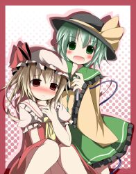  2girls :d ascot blonde_hair blush bow commentary_request fever flandre_scarlet frilled_skirt frills green_eyes green_hair green_skirt hand_on_own_chest hat hat_bow kazura knees_together_feet_apart komeiji_koishi long_sleeves medium_skirt multiple_girls oerba_yun_fang open_mouth red_eyes red_skirt skirt skirt_set sleeves_past_wrists smile striped_clothes striped_skirt thermometer touhou wide_sleeves 