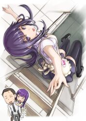  1boy :d :p arm_up black_legwear chibi chibi_inset commentary_request female from_above ladder long_hair looking_at_viewer looking_up open_mouth otoo_hyougo purple_eyes purple_hair smile tea_(nakenashi) thighhighs tongue tongue_out waitress working!! yamada_aoi 