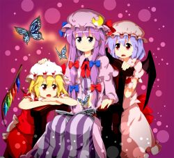  3girls :o ascot bat_wings blonde_hair blue_butterfly book bow bug butterfly chair commentary_request flandre_scarlet hairbow hand_on_headwear hat head_rest headpat long_hair multiple_girls open_mouth patchouli_knowledge purple_eyes purple_hair reading red_eyes remilia_scarlet ruu_(tksymkw) sitting smile the_very_hungry_caterpillar the_very_hungry_caterpillar_(character) touhou wings 