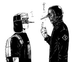  2boys bad_id bad_pixiv_id chris_fehn dorohedoro fujita_(dorohedoro) greyscale hat heavy_metal male_focus mask monochrome multiple_boys ryuuichirou_(haineken) slipknot trait_connection translated 