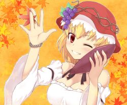  ;d aki_minoriko alternate_costume bare_shoulders between_fingers blonde_hair blush bracelet breasts cleavage commentary_request detached_sleeves female food food-themed_clothes fruit grapes grin hat holding jewelry leaf leaf_background maple_leaf medium_breasts neck_ribbon one_eye_closed open_mouth red_eyes ribbon saemon_(tonpura) short_hair smile solo sweet_potato teeth touhou upper_body waving 