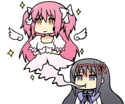  2girls akemi_homura akemi_homura_(magical_girl) angel_wings bad_id bad_pixiv_id chibi ectoplasm eichikei_(raiexcat) hair_ribbon kaname_madoka long_hair magical_girl mahou_shoujo_madoka_magica mahou_shoujo_madoka_magica_(anime) multiple_girls ribbon sparkle spoilers two_side_up ultimate_madoka wings 