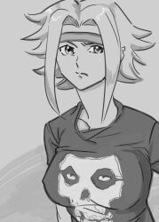  band_shirt bb_(baalbuddy) breasts code_geass commentary_request female greyscale headband kouzuki_kallen medium_breasts merchandise misfits monochrome photoshop_(medium) shirt short_hair skull skull_print solo t-shirt 