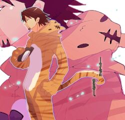  1boy animal_costume animal_print bad_id bad_pixiv_id brown_eyes brown_hair cabbie_hat facial_hair hat irono_(irtyu) kaburagi_t._kotetsu male_focus photoshop_(medium) solo stubble tiger_&amp;_bunny tiger_costume tiger_print zoom_layer 