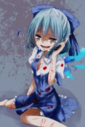  abuse blood blood_on_clothes blood_on_face blue_bow blue_dress blue_eyes blue_hair bow boxcutter breasts cirno cleavage commentary crying crying_with_eyes_open cuts cutting dress female frilled_dress frills hairbow highres injury medium_dress negiko oerba_yun_fang open_clothes open_dress open_mouth self-harm shirt short_hair short_sleeves sitting small_breasts smile solo tears touhou wings wrist_cutting 