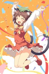  :d \o/ ^_^ animal_ears arms_up blush bow brown_hair cat_ears cat_tail chen closed_eyes commentary_request confetti dress earrings female hat jewelry jumping multiple_tails open_mouth outstretched_arms panties pantyshot short_hair smile solo tail touhou underwear white_panties yamasan 