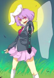  aiming aiming_at_viewer animal_ears bad_id bad_pixiv_id blank_speech_bubble fangs female full_moon grass gun koishi_komeiji&#039;s_heart-throbbing_adventure miniskirt moon necktie open_mouth pleated_skirt purple_hair rabbit_ears red_eyes reisen_(touhou_bougetsushou) rifle ryuura short_hair skirt smile socks solo speech_bubble template time_warp_rifle touhou weapon white_skirt 