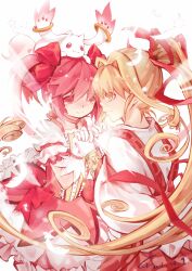  2girls :3 blonde_hair bow choker commentary_request creature crossover curly_hair dress gloves hair_intakes hair_ribbon high_ponytail holding_hands interlocked_fingers kaitou_jeanne kamikaze_kaitou_jeanne kaname_madoka kaname_madoka_(magical_girl) kusakabe_maron kyuubee long_hair magical_girl mahou_shoujo_madoka_magica mahou_shoujo_madoka_magica_(anime) multiple_girls pink_eyes pink_hair ponytail puffy_sleeves ribbon short_hair short_twintails twintails white_gloves yellow_eyes yunie00 