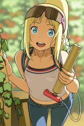  :d ana_coppola bare_shoulders blonde_hair blue_eyes commentary_request covered_nipples day denim female go_robots ichigo_mashimaro jeans leaning_forward long_hair looking_at_viewer midriff open_mouth outdoors pants photoshop_(medium) ponytail smile solo spaghetti_strap standing sunglasses teeth water water_gun 