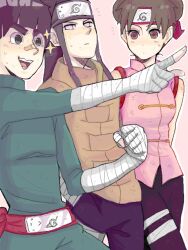  2boys bandage bandages bangs black_hair brown_eyes brown_hair double_bun forehead_protector hyuuga_neji m_hara multiple_boys naruto pointing rock_lee tegaki tenten 