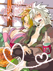  blonde_hair breasts chikuri cleavage closed_eyes drooling drunk huge_breasts jiraiya naruto saliva tsunade white_hair wink 