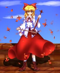  aerokinesis blonde_hair boots commentary_request erhu female hair_ornament hair_ribbon instrument korumoran leaf ribbon satsuki_rin solo touhou wind yellow_eyes 