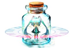  aqua_hair bad_id bad_pixiv_id black_skirt bottle cork detached_sleeves female green_eyes hatsune_miku headset in_bottle in_container jar long_hair meme mini_person minigirl miniskirt necktie neji_maki pixiv_bottle_(meme) pleated_skirt skirt smile solo thighhighs twintails vocaloid 