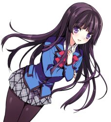  bad_id bad_pixiv_id black_hair black_pantyhose blazer blush bow dutch_angle female grey_skirt jacket long_hair looking_at_viewer miniskirt original pantyhose plaid plaid_skirt pleated_skirt purple_eyes simple_background skirt solo yukiwo 