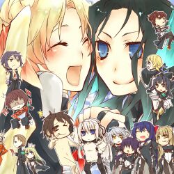  4boys 6+girls adele_balfetto aoi_kimi aoi_toori asama_tomo azuma_(horizon) black_hair blonde_hair blue_eyes bodysuit breasts chibi commentary_request erimaki everyone fox horizon_ariadust kyoukaisenjou_no_horizon long_hair malga_naruze margot_knight medium_breasts miriam_polk mukai_suzu multiple_boys multiple_girls naomasa_(horizon) nate_mitotsudaira neshinbara_toussaint pantyhose renna_(tsunari17) shirojiro_bertoni siblings small_breasts tenzou_crossunite 