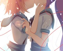  2girls black_neckwear blue_serafuku blue_skirt blush face-to-face facing_another hand_on_another&#039;s_arm hand_on_another&#039;s_face head_out_of_frame kissing lens_flare long_hair looking_at_another marehoshi_academy_school_uniform multiple_girls orange_hair ponytail purple_hair re:stage! rst_hoshinono school_uniform serafuku shikimiya_mana short_hair simple_background skirt string string_of_fate tsukisaka_sayu white_background yuri 