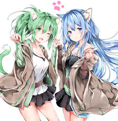  2girls animal_ear_fluff animal_ears belt blue_eyes blue_hair breasts cat_ears cat_girl cat_tail cleavage commentary_request cowboy_shot duel_monster eria_(yu-gi-oh!) eria_the_water_charmer extra_ears green_eyes green_skirt highres interlocked_fingers kuromiko_shoujo long_hair long_sleeves miniskirt multiple_girls one_eye_closed open_clothes open_mouth open_robe partial_commentary paw_pose paw_print pom_pom_(clothes) ponytail robe shirt skirt tail white_shirt wynn_(yu-gi-oh!) wynn_the_wind_charmer yu-gi-oh! 