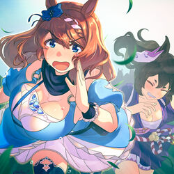  2girls animal_ears black_hair black_scarf blue_bow blue_dress blue_eyes blue_sleeves blush bouncing_breasts bow braid breasts brown_hair cleavage clenched_teeth closed_eyes coin coin_on_string commentary_request cowboy_shot detached_sleeves dress fox_mask hair_between_eyes hairbow highres horse_ears horse_girl inari_one_(umamusume) japanese_clothes kimono large_breasts long_hair looking_at_viewer mask mask_on_head multiple_girls o-ring obi open_mouth pink_sash puffy_short_sleeves puffy_sleeves purple_kimono reihou19 running sarashi sash scarf short_sleeves super_creek_(umamusume) teeth twintails umamusume very_long_hair 