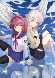  &gt;:) 2girls absurdres angel angel_beats! angel_wings back-to-back bao_(s_888) black_hairband black_skirt black_thighhighs blazer blue_sailor_collar blue_skirt blunt_bangs blush bow closed_mouth commentary_request eyelashes falling_feathers feathered_wings feathers green_bow green_eyes hairband hairbow highres jacket knee_up kneehighs knees_together_feet_apart knees_up long_hair long_sleeves looking_at_another looking_back medium_hair miniskirt multiple_girls nakamura_yuri neckerchief parted_bangs pink_neckerchief pleated_skirt purple_hair reflective_floor sailor_collar school_uniform serafuku shinda_sekai_sensen_uniform shirt sidelocks skindentation skirt smile socks straight_hair tachibana_kanade thighhighs v-shaped_eyebrows white_feathers white_hair white_shirt white_socks white_wings wings yellow_eyes zettai_ryouiki 