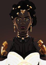  2021 arcane:_league_of_legends armor artist_name bare_shoulders brown_background brown_eyes brown_hair closed_mouth dark-skinned_female dark_skin dreadlocks dress earrings female freckles gold_armor gradient_background hair_ornament highres jane_mere jewelry league_of_legends looking_at_viewer mel_medarda short_hair shoulder_plates solo upper_body very_dark_skin white_dress 