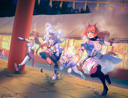  5girls @_@ animal_ears black_footwear blue_bow blue_dress blue_eyes blue_hairband blue_jacket blue_sleeves blush boots bouncing_breasts bow braid breasts brown_hair column commentary_request detached_sleeves dress ear_covers grey_hair hair_between_eyes hairband hairbow highres horse_ears horse_girl horse_tail inari_one_(umamusume) jacket large_breasts long_hair medium_breasts multiple_girls oguri_cap_(umamusume) open_mouth pillar ponytail puffy_short_sleeves puffy_sleeves purple_skirt racing reihou19 running sakura_bakushin_o_(umamusume) short_sleeves signature skirt sleeveless sleeveless_jacket super_creek_(umamusume) tail tamamo_cross_(umamusume) thigh_boots thighhighs twintails umamusume very_long_hair white_background white_jacket 