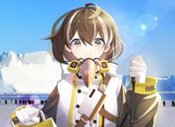  :3 animal arknights backpack bag bird bird_mask brown_hair buttons coat commentary cropped_torso day double-breasted earrings female hair_between_eyes highres holding jewelry kanero looking_at_viewer magallan_(arknights) mask mask_around_neck multicolored_hair open_mouth outdoors penguin short_hair smile snow solo strap streaked_hair theodolite two-tone_hair upper_body white_coat white_hair winter_clothes winter_coat yellow_eyes 