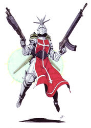  1other absurdres ambiguous_gender anachronism ar-18 armor assault_rifle dual_wielding finger_on_trigger full_armor full_body gauntlets gun helmet highres holding jetpack kazuma_kaneko knight knights_templar official_art parody plate_armor pump_action retro_artstyle rifle shin_megami_tensei shin_megami_tensei_ii shotgun signature solo spas-12 tabard templar terminator_(megami_tensei) terminator_(series) the_terminator traditional_media weapon white_background 