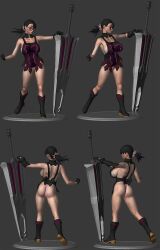  3d apron black_hair breasts cattleya detached_sleeves gloves huge_breasts inkey kneeling long_hair megane milf mother mother oppai pantsu ponytail queen&#039;s_blade 