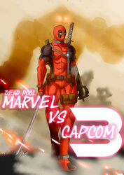  1boy bad_id bad_pixiv_id bullpup call_of_duty call_of_duty:_modern_warfare_2 deadpool deadpool_(series) english_text glowing glowing_eyes gun highres katana male_focus marvel marvel_vs._capcom marvel_vs._capcom_3 mask p90 parody pouch sentinel_(x-men) sheath sheathed solo submachine_gun sword waihiro weapon white_eyes 