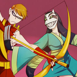  archer arrow assassin black_hair bow_(weapon) cartoon_network cat_mask cheshire couple dc_comics domino_mask female gloves gradient gradient_background kyuura-jii long_hair low-tied_long_hair marksman mask orange_hair poison_(final_fight) red_gloves roy_harper speedy teen_titans weapon 