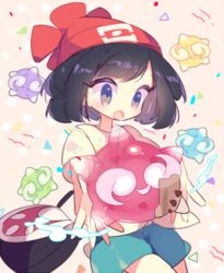  :o bag beanie black_hair commentary_request female floral_print green_shorts handbag hat minior minior_(blue_core) minior_(core) minior_(green_core) minior_(red_core) minior_(violet_core) minior_(yellow_core) no_nose open_mouth parted_bangs pink_background poke_ball_theme pokemon pokemon_(creature) pokemon_sm polka_dot polka_dot_background purple_eyes red_hat see-through selene_(pokemon) shirt short_hair short_sleeves shorts smile takashino_(noni-nani) tied_shirt yellow_shirt 